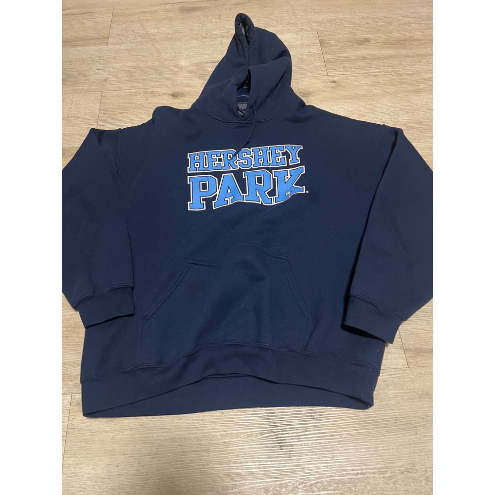 Hershey Park Pennsylvania Navy Blue Hoodie Sweatshirt XL Plaid Lined Hood